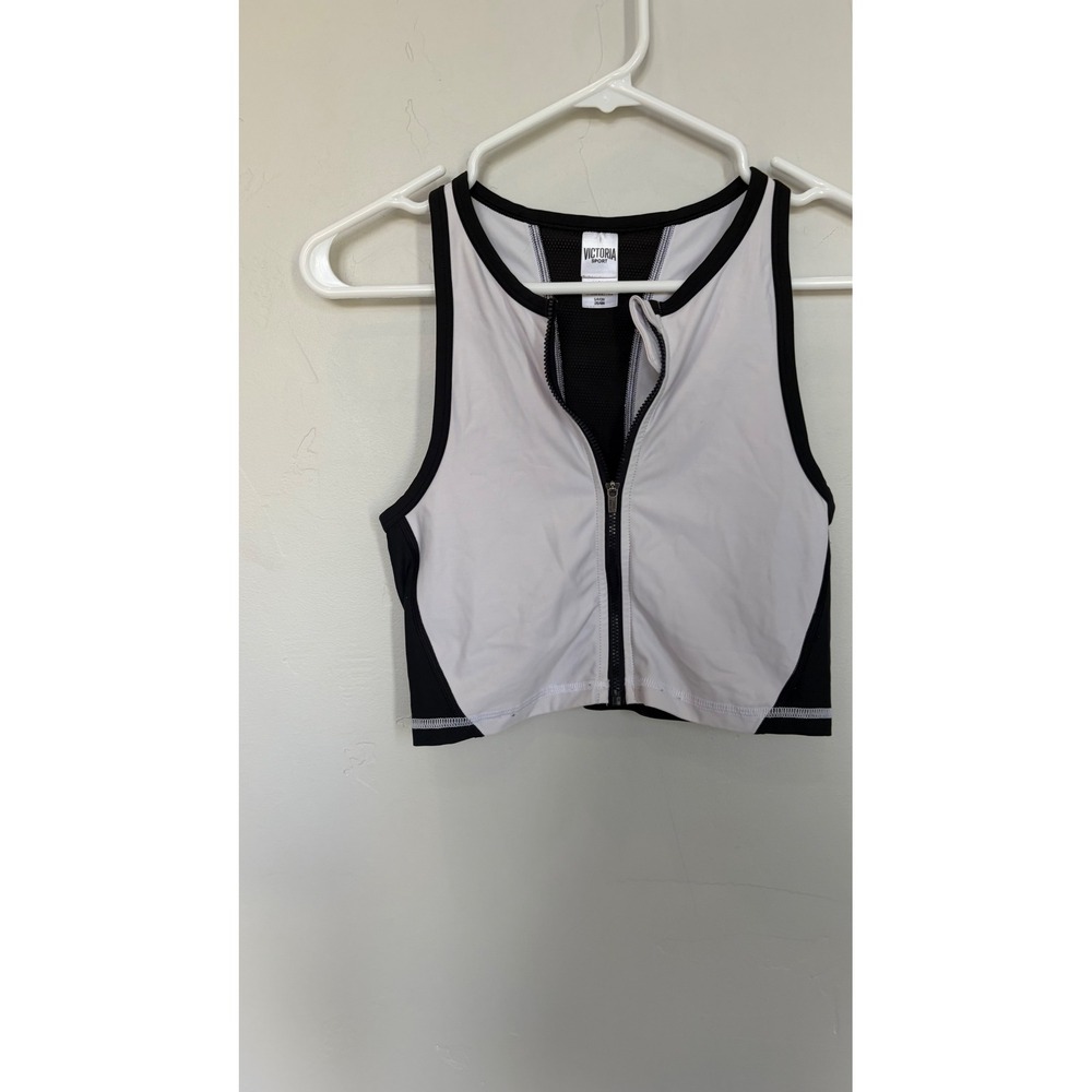 Victoria Sport WomanSmall White Black Zip Front Mesh Back Athletic Crop Top Tank - Picture 1 of 5